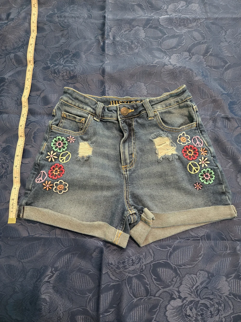 Justice Blue Denim Shorts with Multicolor Floral & Peace Embroidery